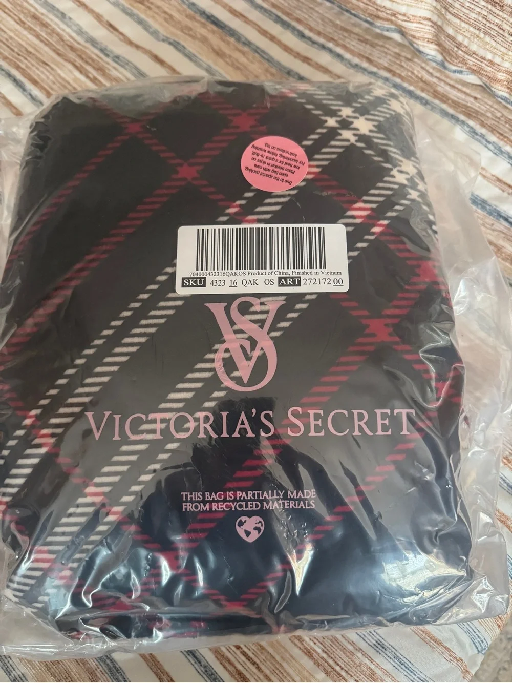 Victoria's Secret Black and Pink Plaid Throw Blanket